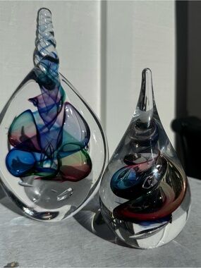 Signed Hand Blown Studio Art Glass Teardrop Sculpture Set of 2 Abstract Decor
